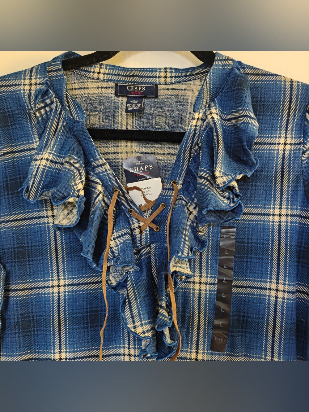Chaps Denim vintage Y2K Cottagecore Plaid Ruffle Western lace-up neck size L - Picture 3 of 7